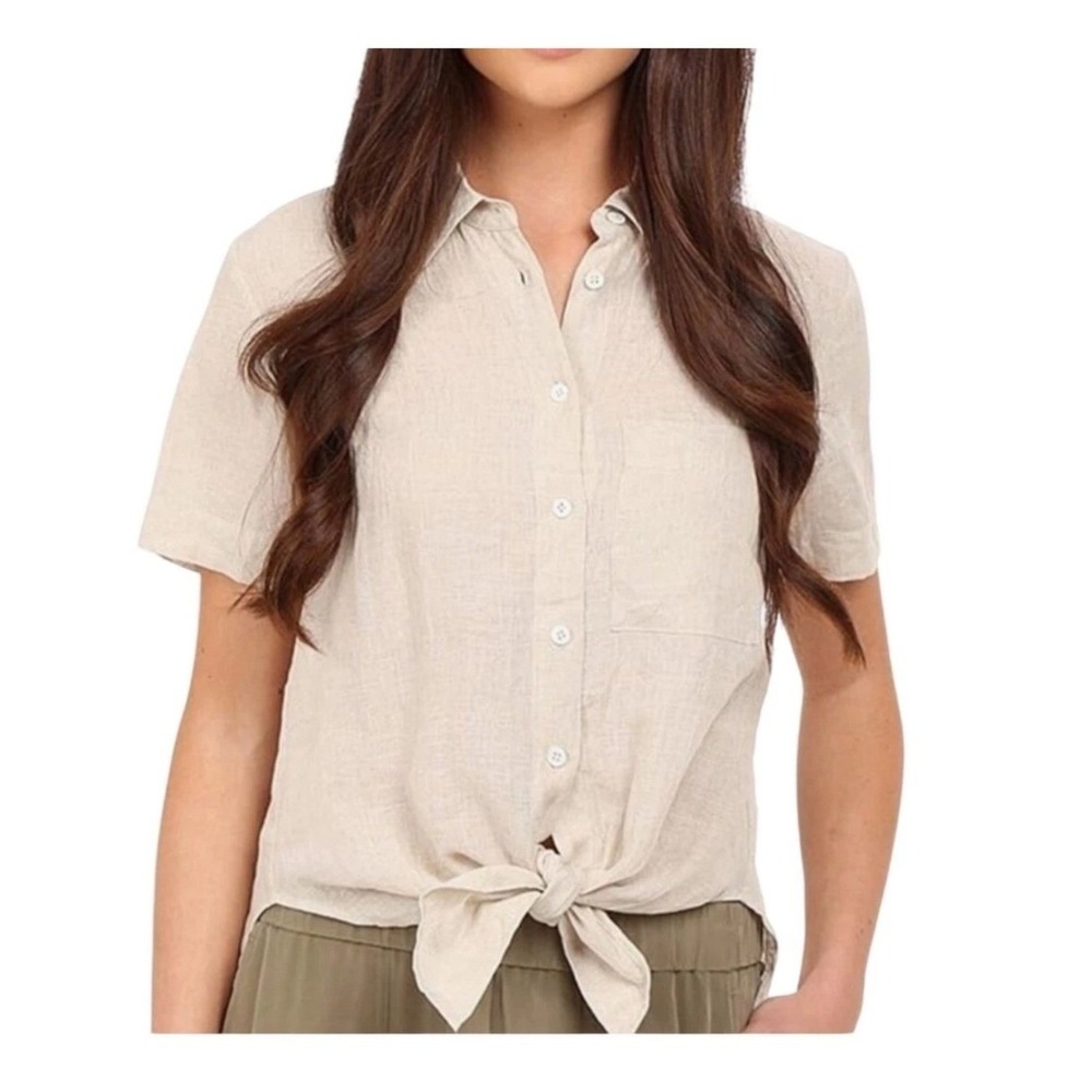 Theory Hekanina Shirt Womens M Beige Linen Tie Front Short Sleeve Minimalist - Picture 2 of 8